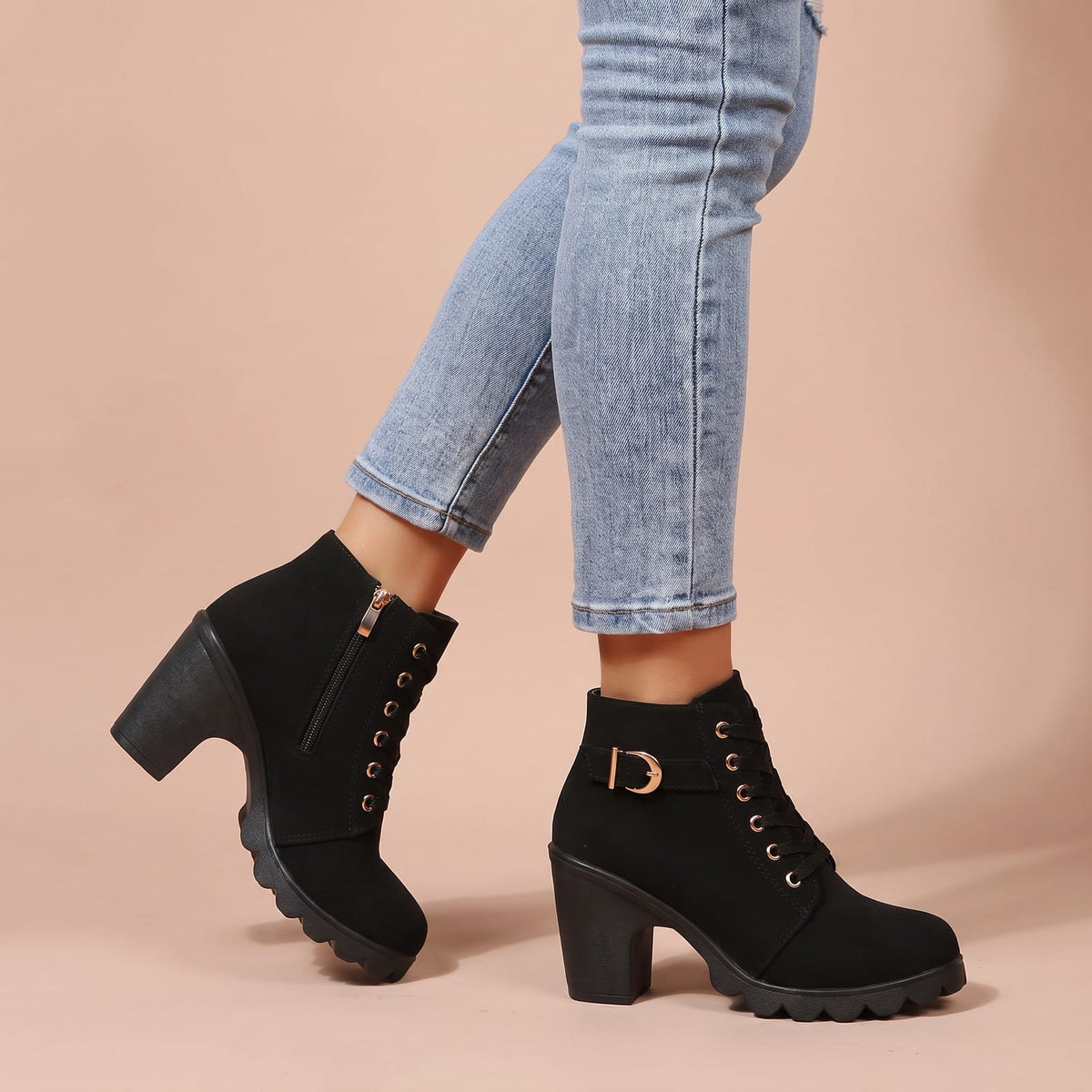 Schnürstiefel mit Blockabsatz und Schnalle, Damen Stiefeletten in Veloursoptik mit Profilsohle