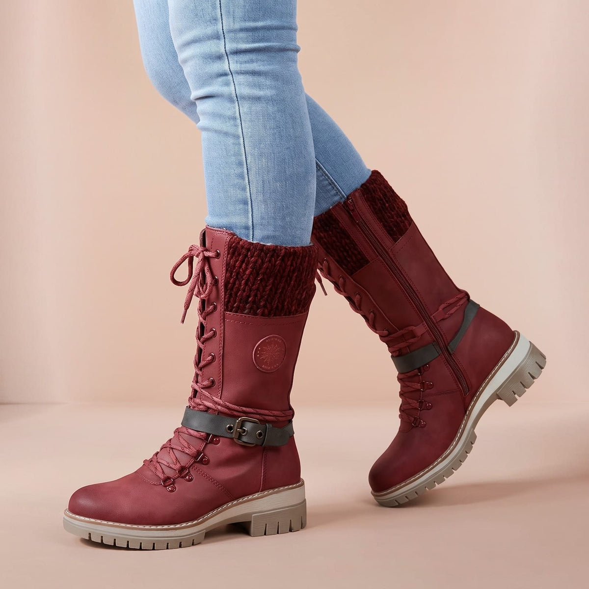 Schnürstiefel mit Strickbund und Schnalle, Winterstiefel 1