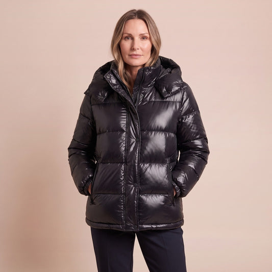 Steppjacke Damen mit Kapuze in Glanzoptik, Schwarz 1