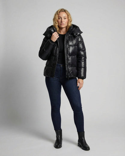 Steppjacke Damen mit Kapuze in Glanzoptik, Schwarz 2