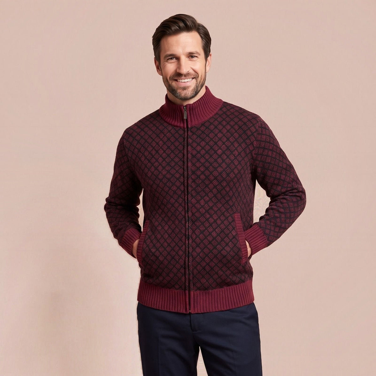 Strickjacke für Herren mit Reißverschluss, Stehkragen und Rautenmuster