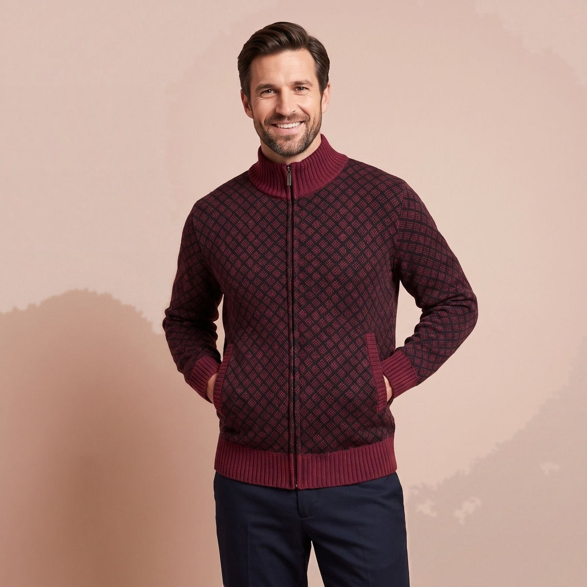 Strickjacke Herren mit Rautenmuster und Reißverschluss 1