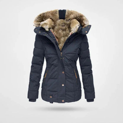 Dunkelblaue Winterjacke mit Kapuze in Felloptik