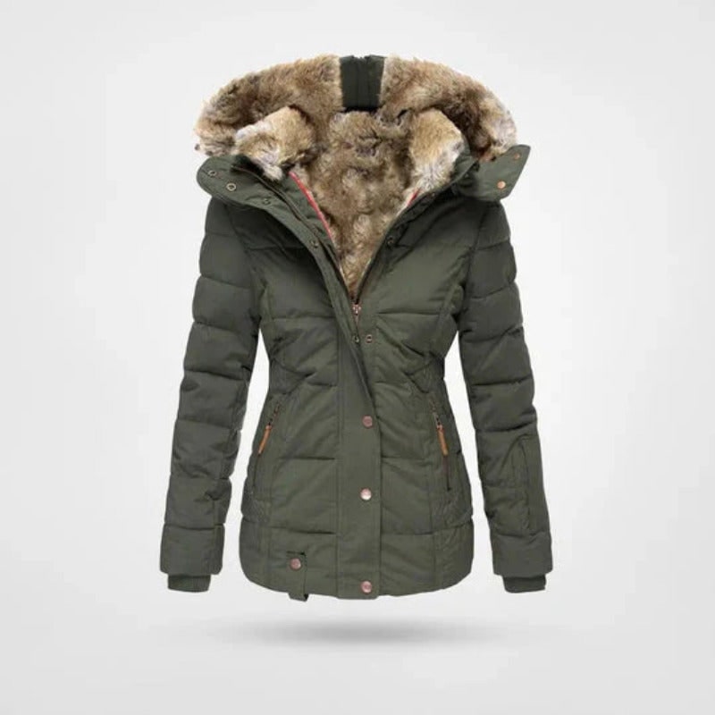 Grüne Winterjacke mit Kapuze in Felloptik