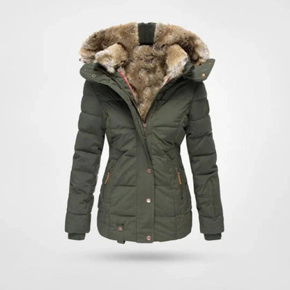 Grüne Winterjacke mit Kapuze in Felloptik