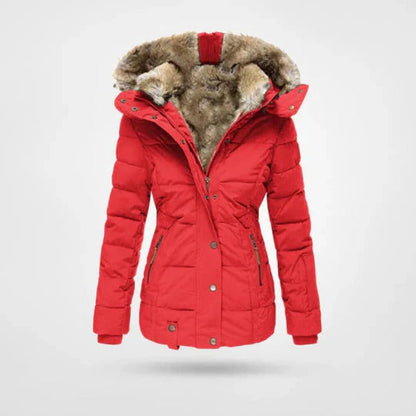Rote Winterjacke mit Kapuze in Felloptik