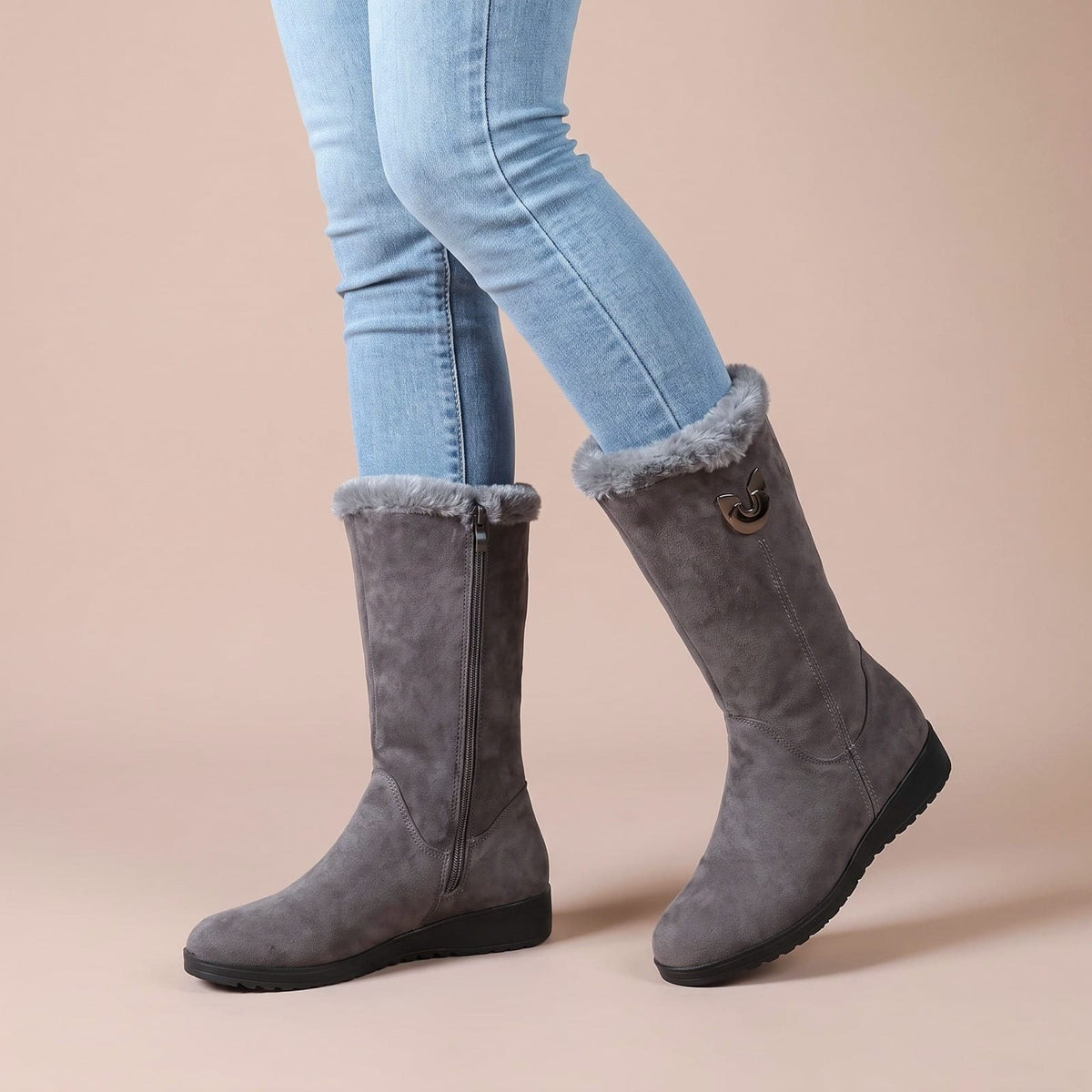 Thermo Winter Boots für Damen in Grau mit Plüschrand und Reißverschluss