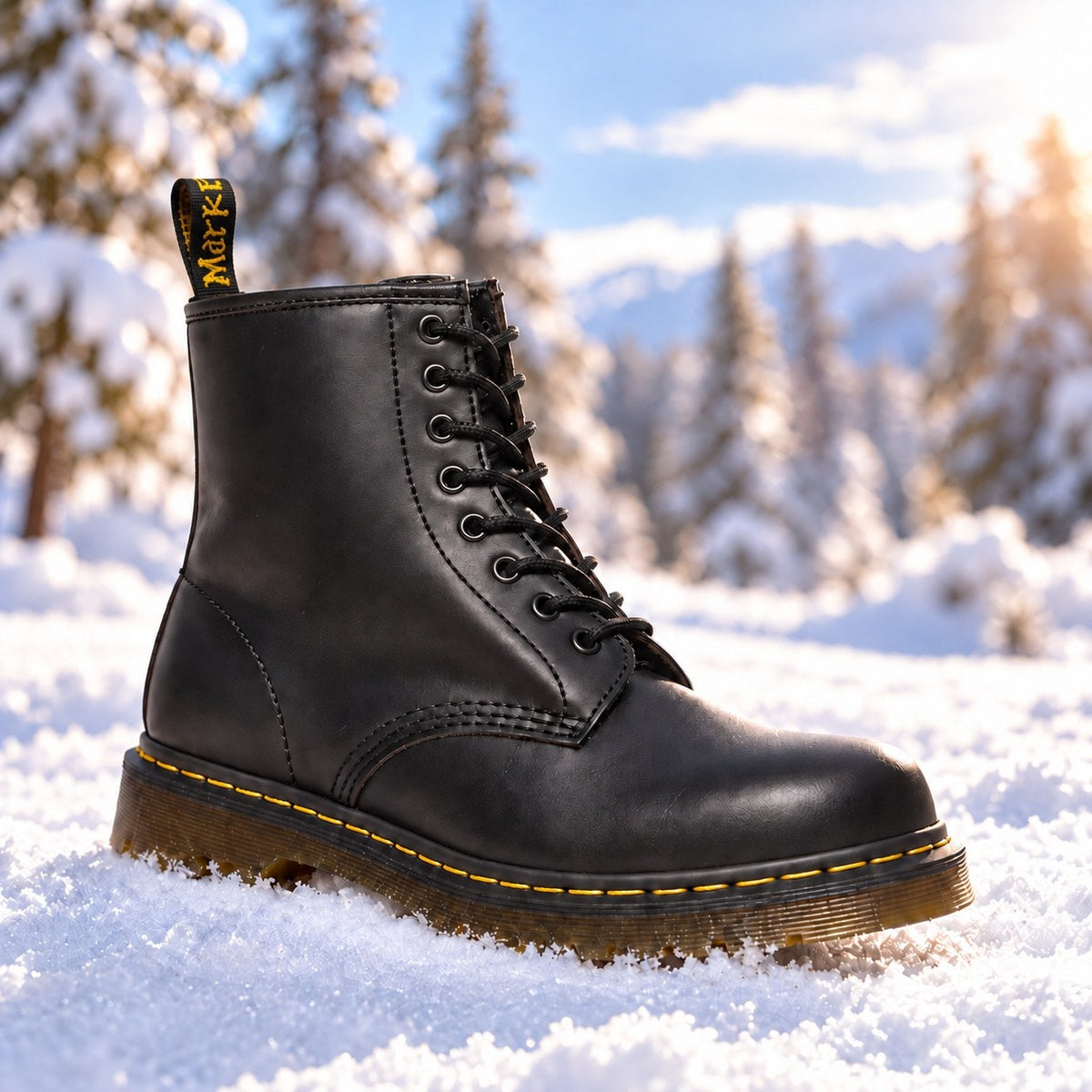Unisex Schnürstiefel aus echtem Leder in Schwarz im Schnee 1