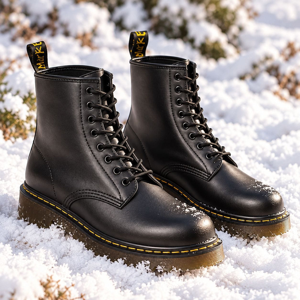 Schwarze Schnürstiefel aus echtem Leder im Schnee 2