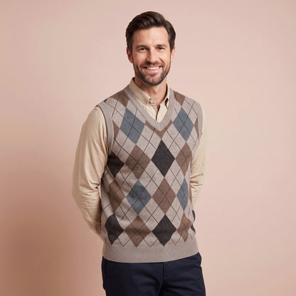 V-Ausschnitt Pullover mit Argyle-Muster in Braun