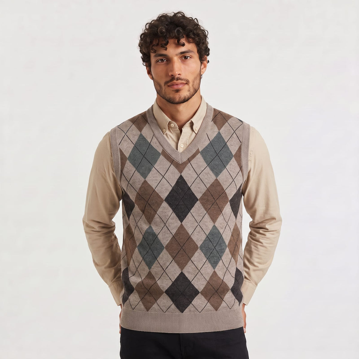 V-Ausschnitt Pullover mit Argyle-Muster in Braun