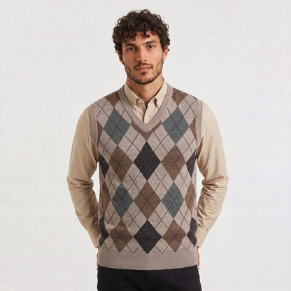 V-Ausschnitt Pullover mit Argyle-Muster in Braun