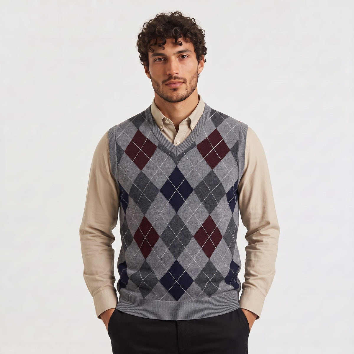 V-Ausschnitt Pullover mit Argyle-Muster in Hellgrau