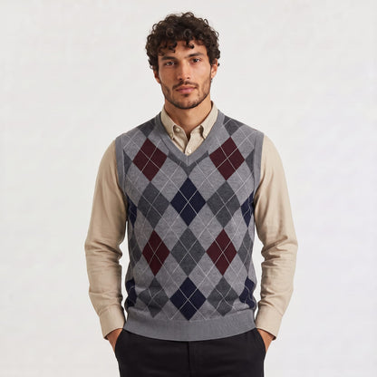 V-Ausschnitt Pullover mit Argyle-Muster in Hellgrau