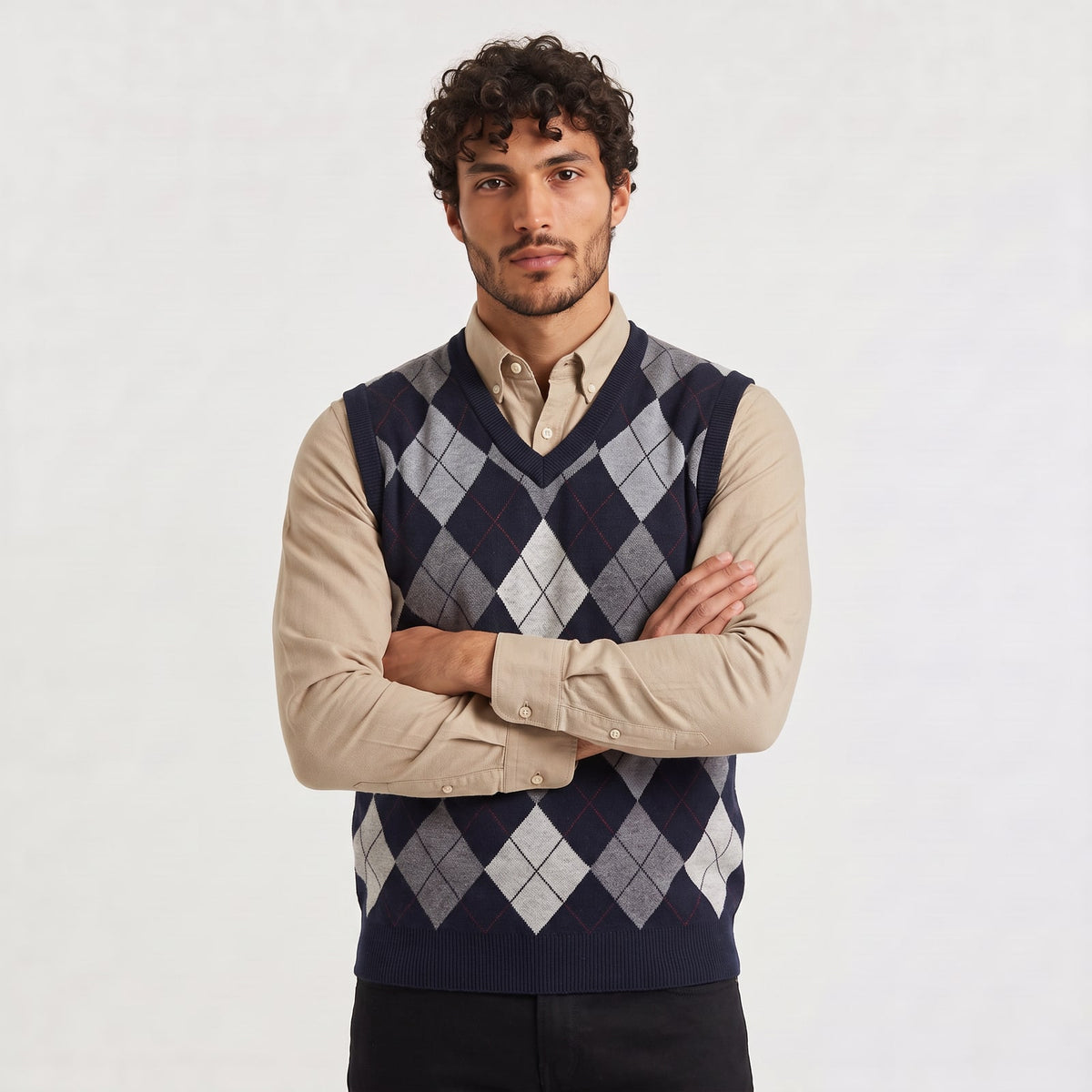 V-Ausschnitt Pullover mit Argyle-Muster in Dunkelblau