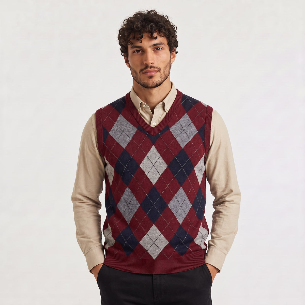 V-Ausschnitt Pullover mit Argyle-Muster in Weinrot
