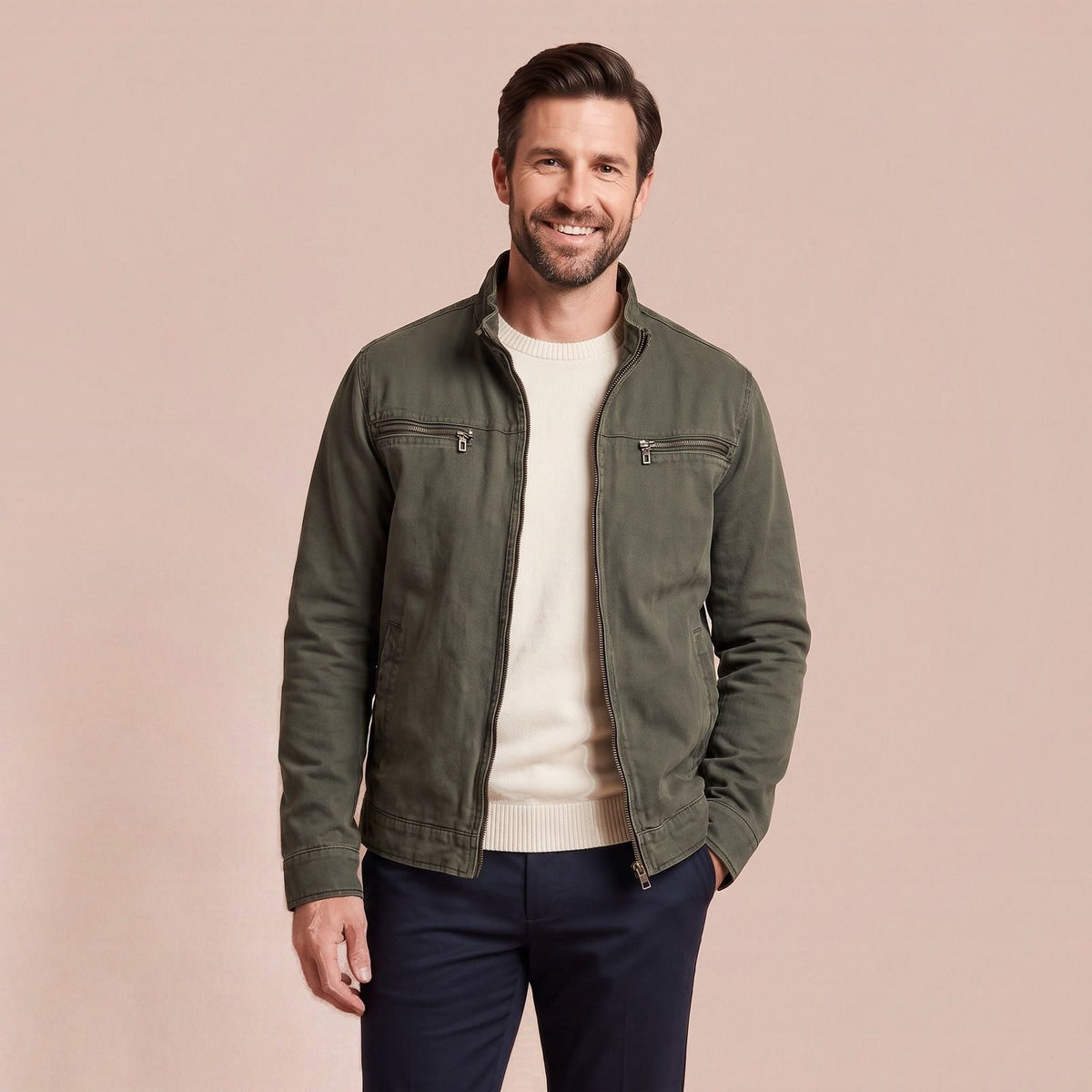 Vintage Jacke für Herren, Vintage Zip Jacke mit Stehkragen und Reißverschlusstaschen