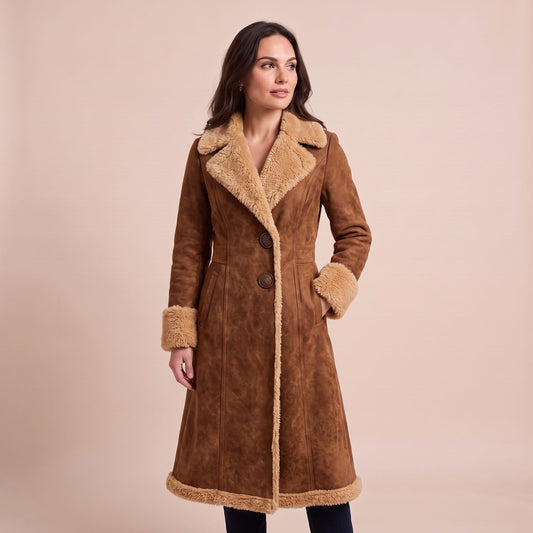 Vintage Mantel Damen in Wildlederoptik mit Teddykragen, lang 1