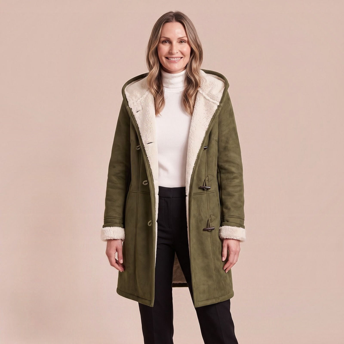 Warmer Teddy Mantel, Dufflecoat in Wildlederoptik mit Teddyfutter und Kapuze