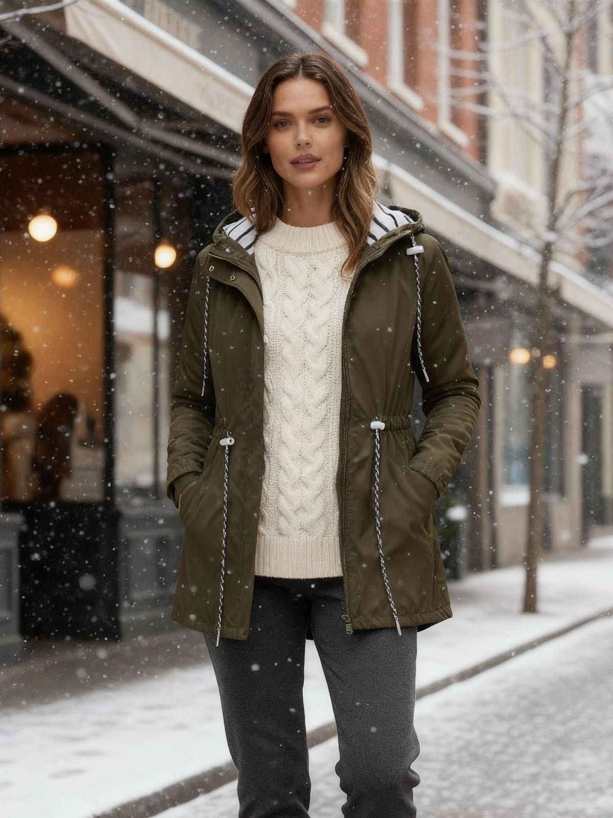 Olivgrüne Regenjacke mit Kordelzug am Model