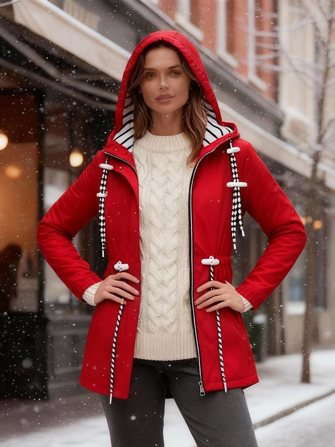Rote Regenjacke mit aufgesetzter Kapuze am Model