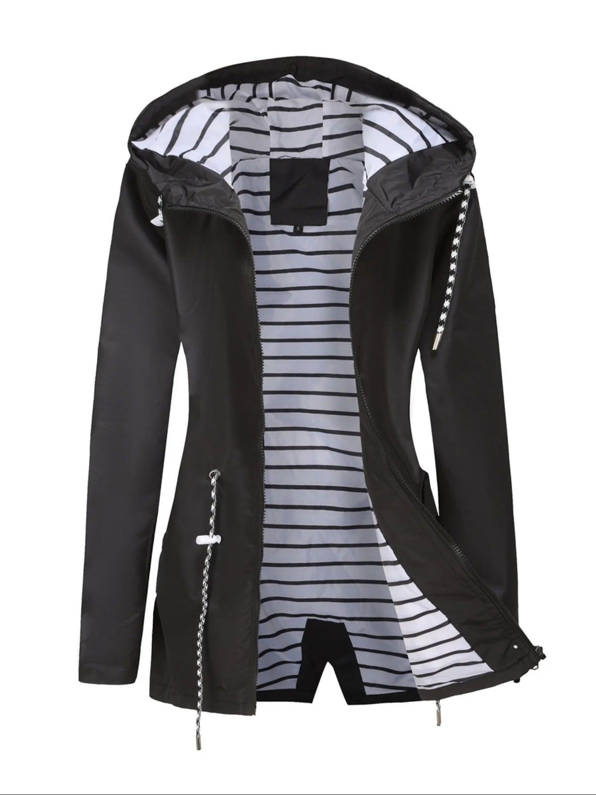 Schwarze Regenjacke liegend mit gestreiftem Futter