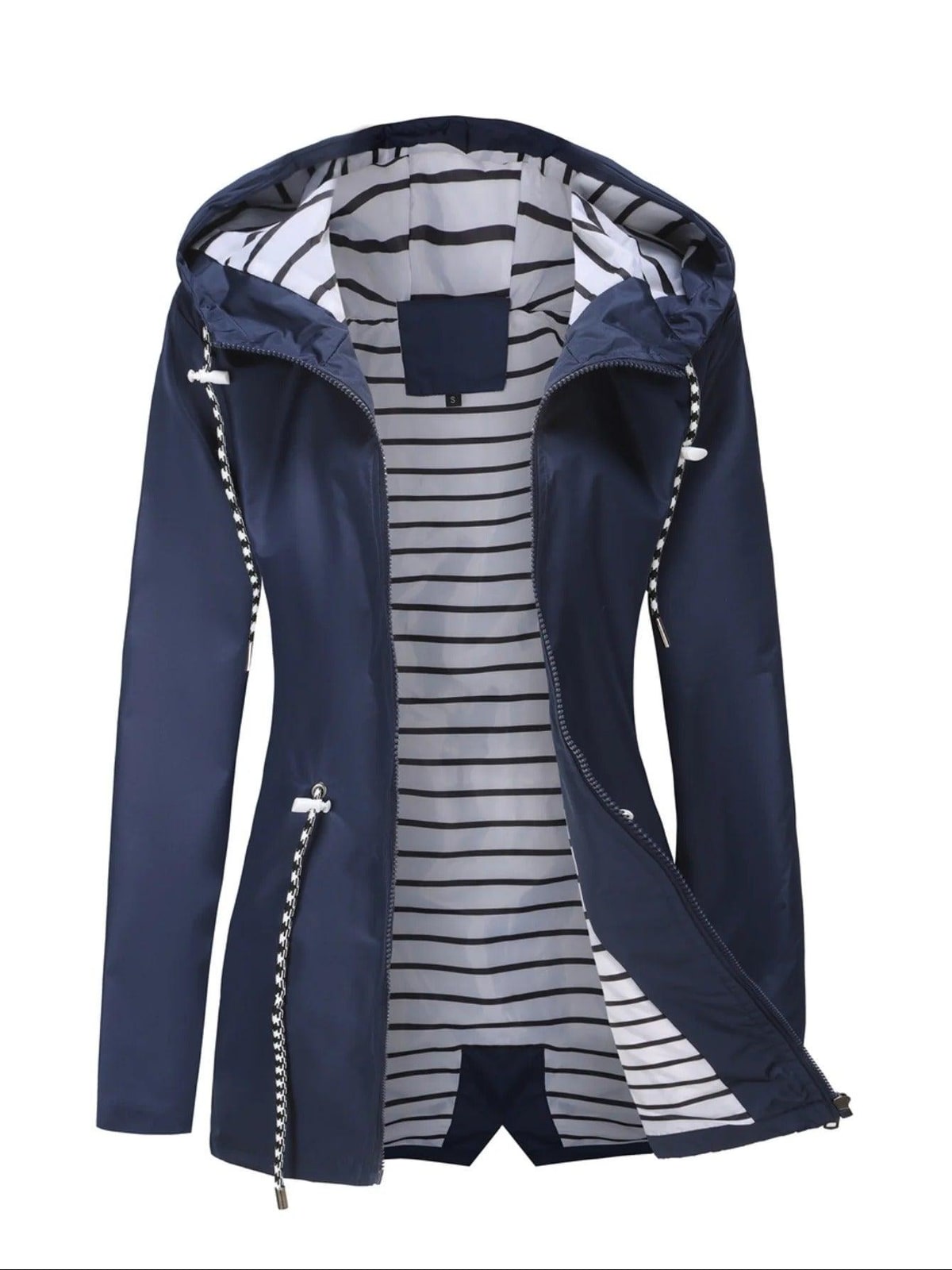 Dunkelblaue Regenjacke liegend mit Streifenfutter