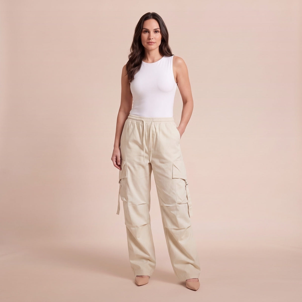 Baggy Cargohose Damen weit mit Tunnelzug und Bindebändern 1