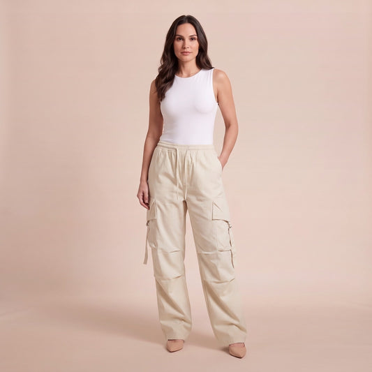 Baggy Cargohose Damen weit mit Tunnelzug und Bindebändern 1