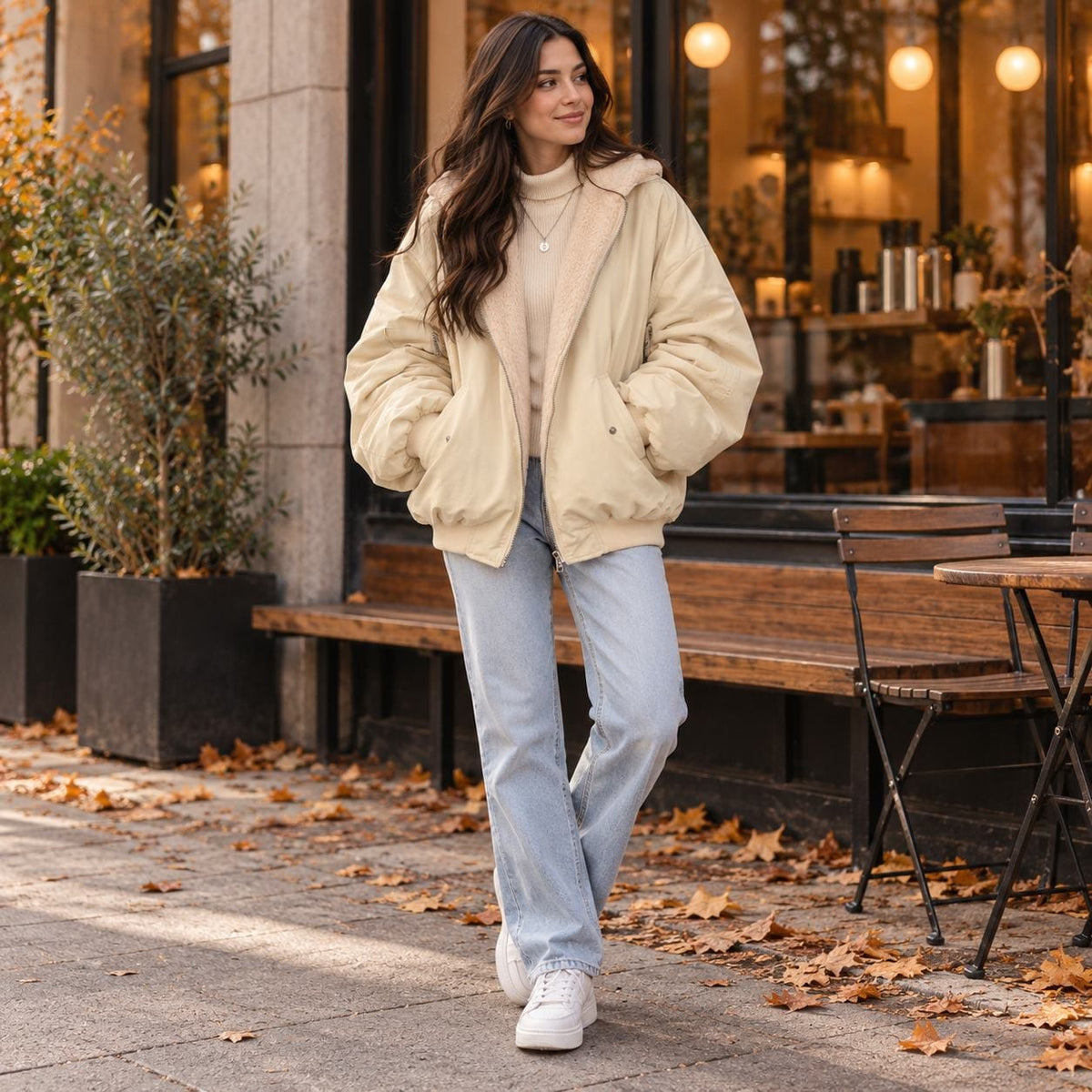 Frau in beiger Wendejacke vor dem Café 5