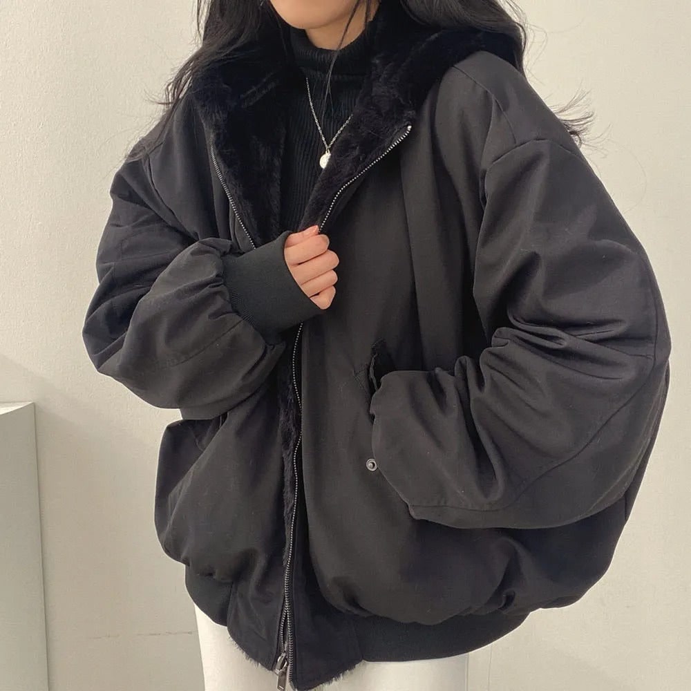 Winterjacke Damen mit Kapuze und Teddyfutter, Oversize 3