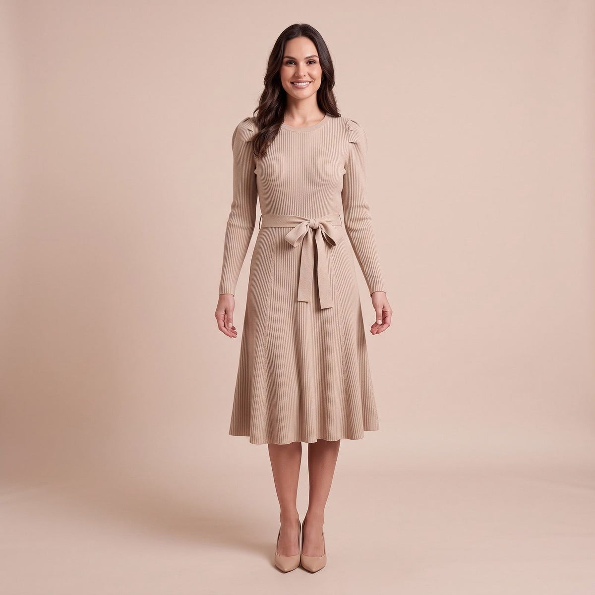Winterkleid aus Strick mit Bindegürtel, Midi Pulloverkleid 1