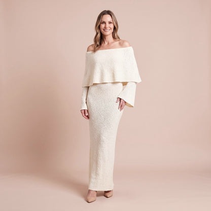 Winterkleid schulterfrei aus Bouclé-Strick, Maxikleid 1