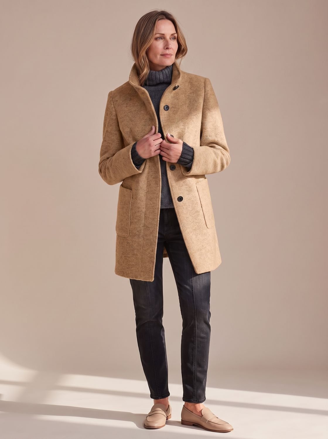 Wintermantel mit Stehkragen in Camel