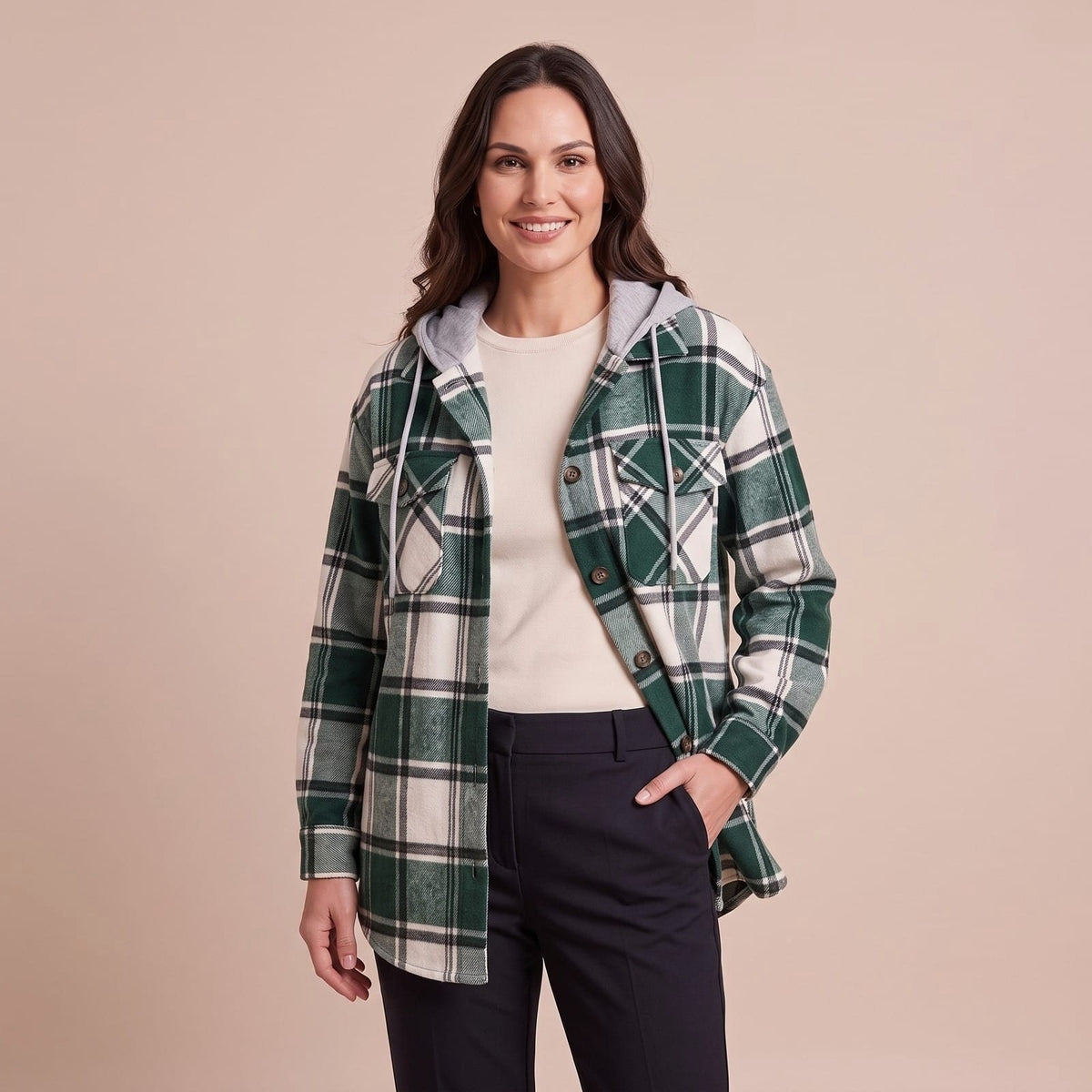 Winterparka Damen kariert mit Kapuze und Knopfleiste 1