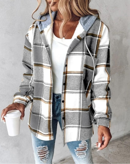 Winterparka Damen kariert mit Kapuze und Knopfleiste 4