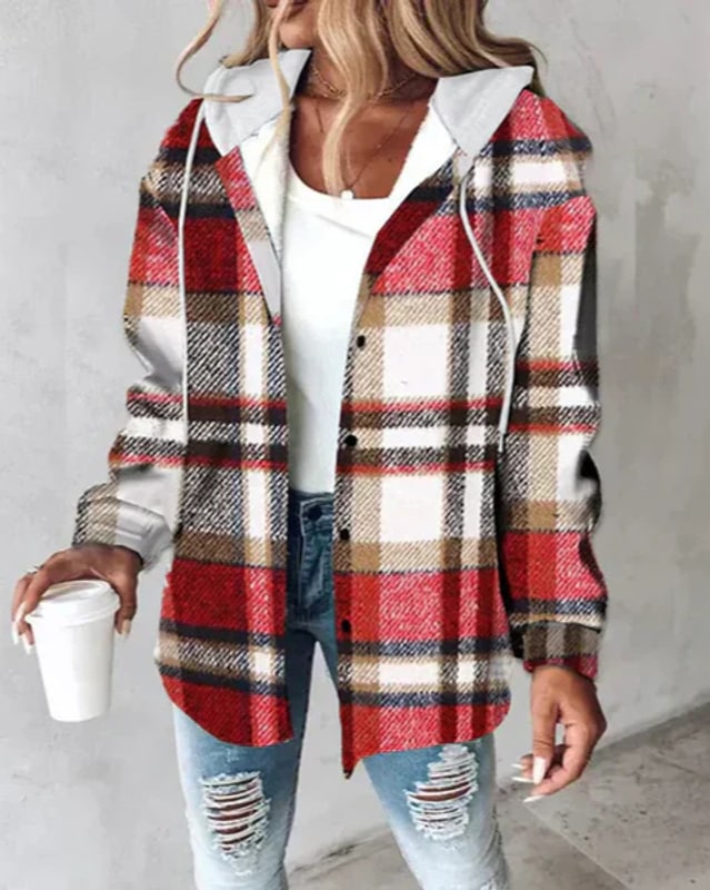 Winterparka Damen kariert mit Kapuze und Knopfleiste 5