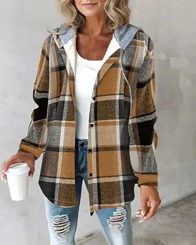 Winterparka Damen kariert mit Kapuze und Knopfleiste 6