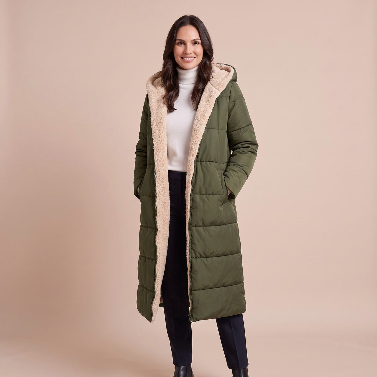 Winterparka Damen, langer Steppmantel mit Teddyfutter 1