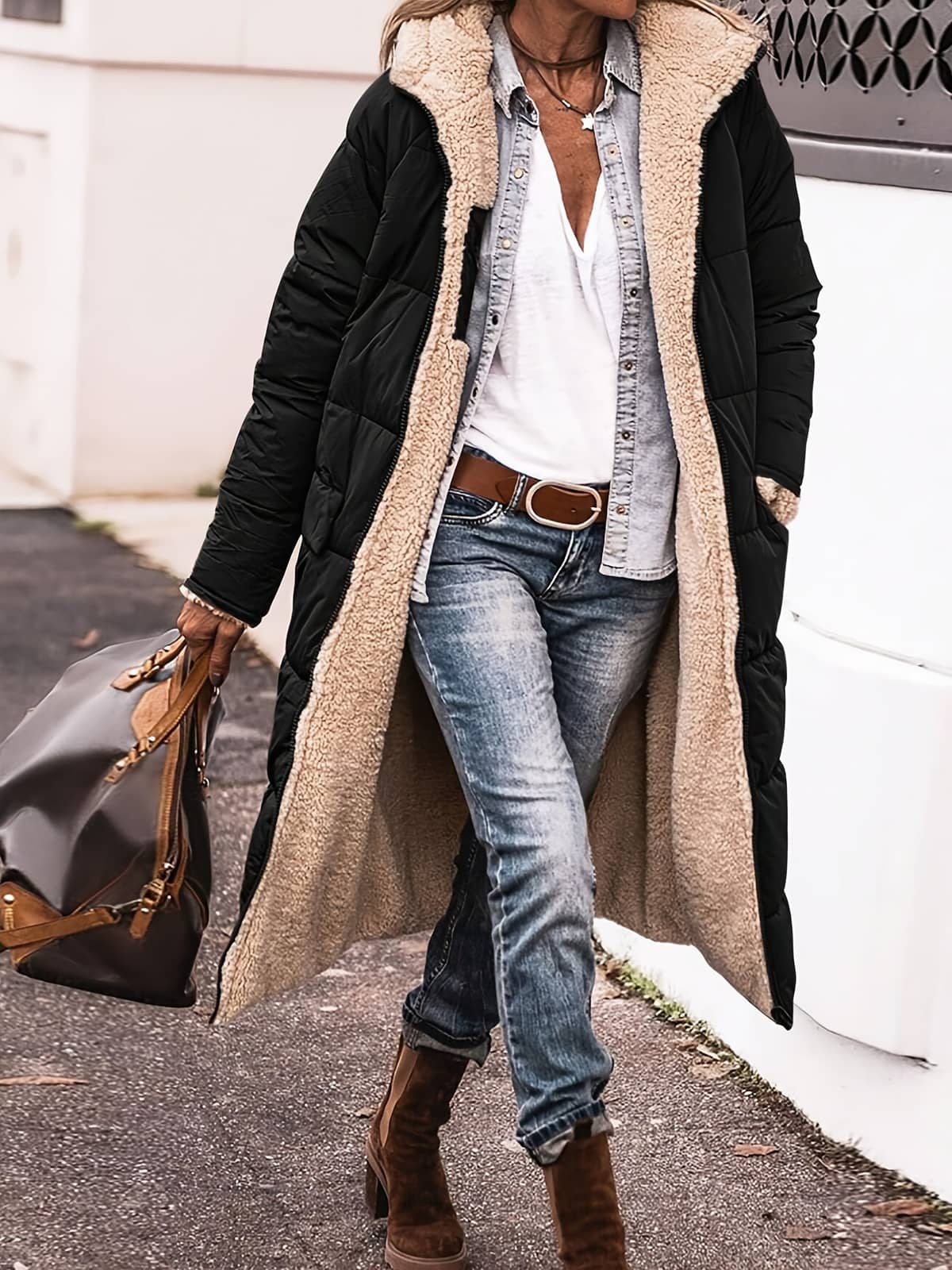 Winterparka Damen, langer Steppmantel mit Teddyfutter 2