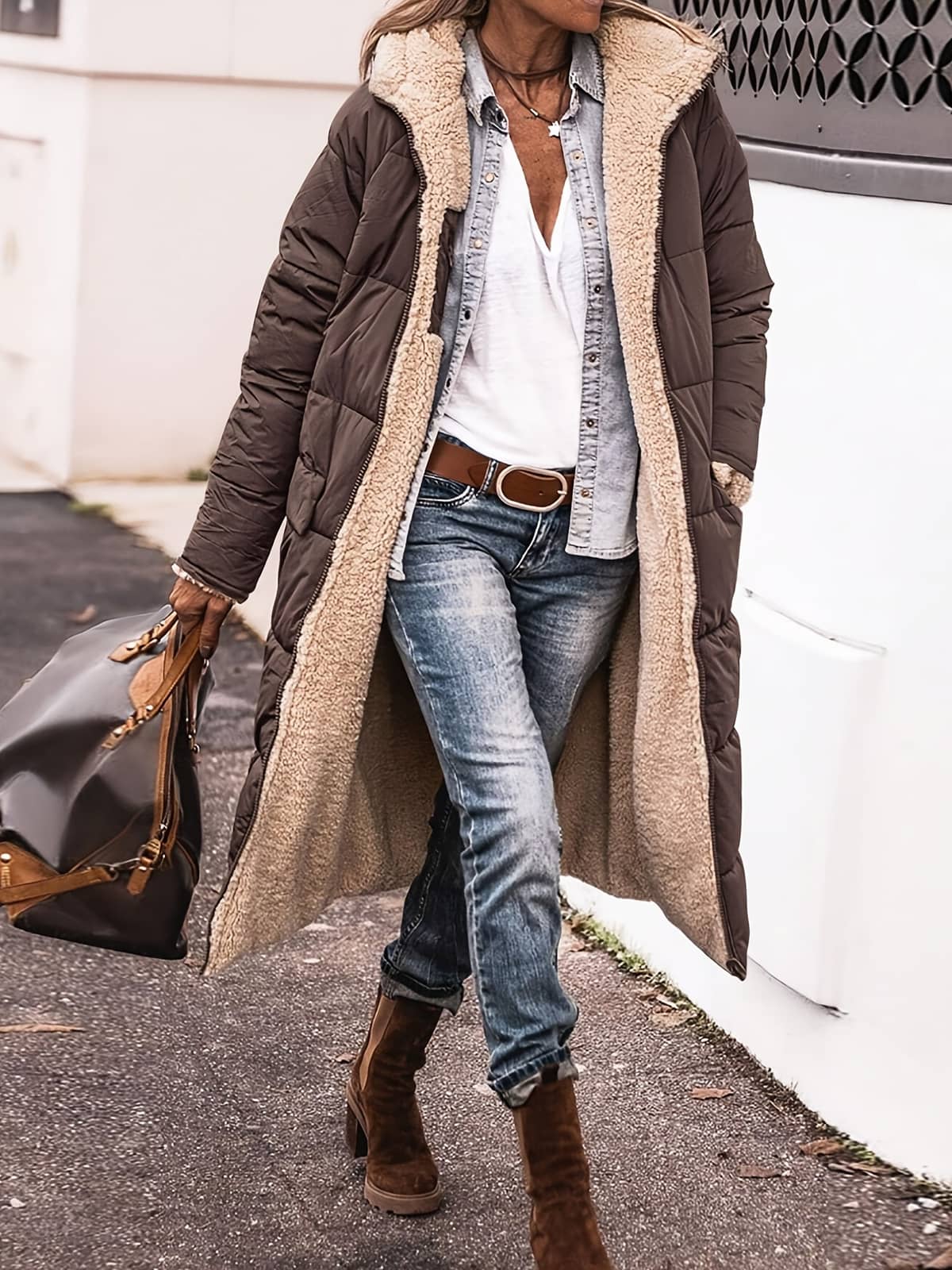 Winterparka Damen, langer Steppmantel mit Teddyfutter 3