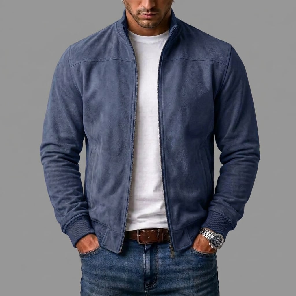 Zip Cardigan Bomberjacke für Herren aus Wildleder in Dunkelblau