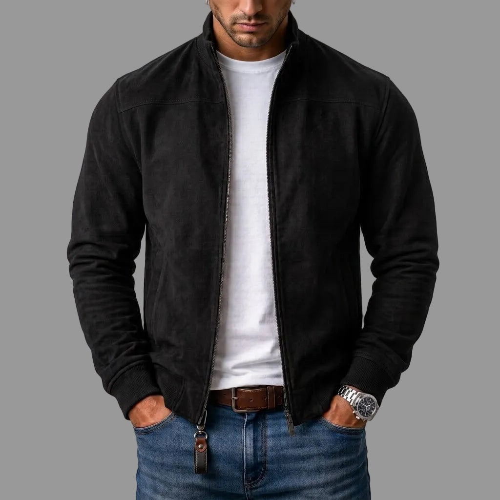 Zip Cardigan Bomberjacke für Herren aus Wildleder in Schwarz