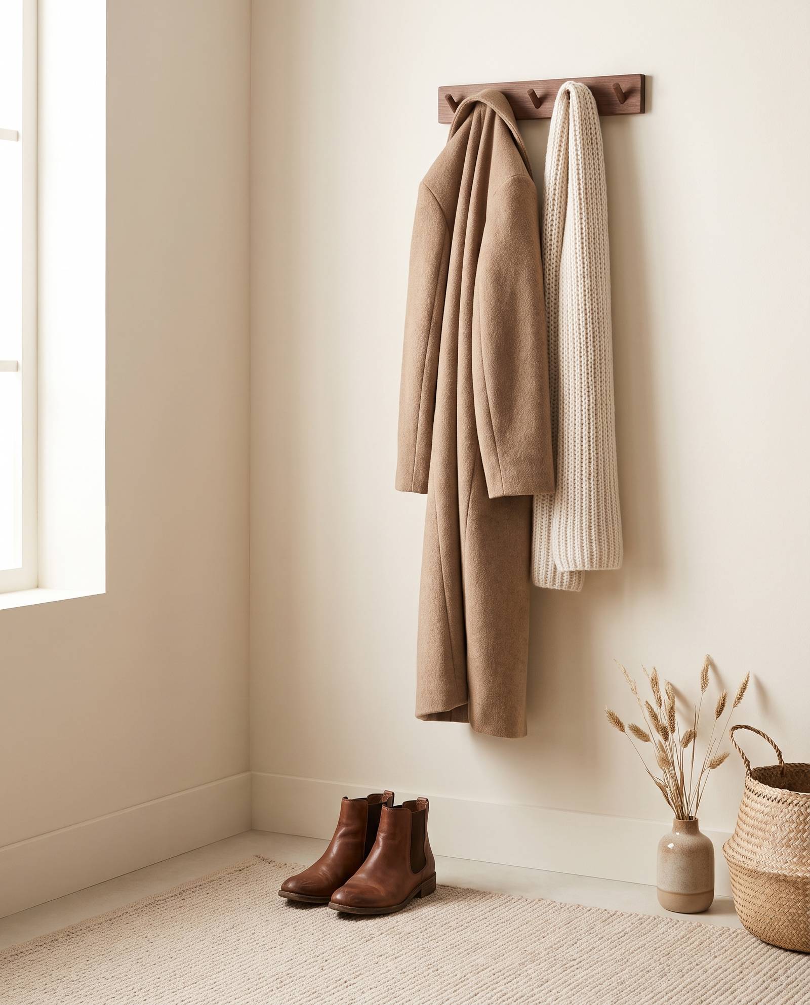 Stiefel, Mantel und Schal im Eingangsbereich
